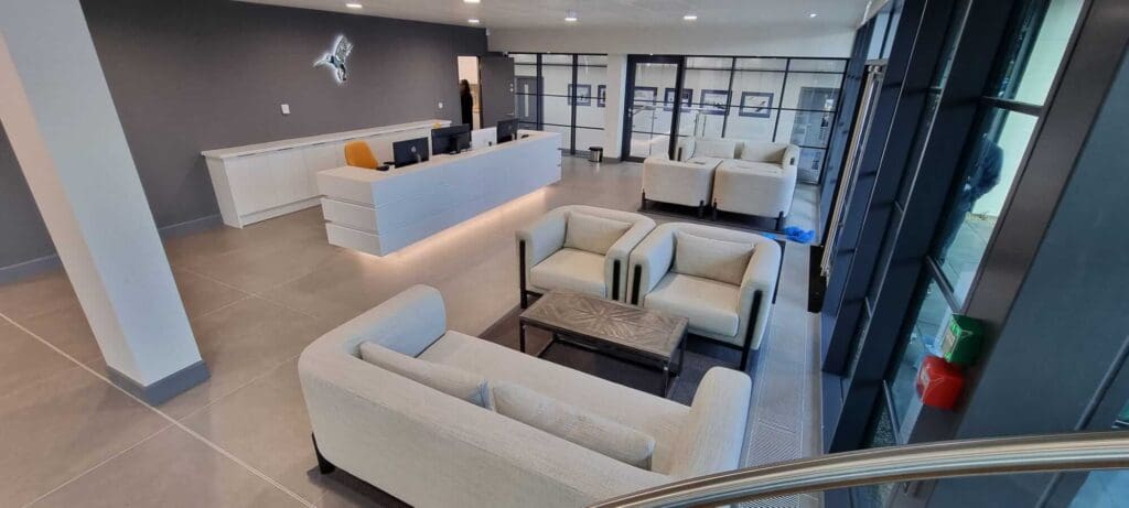 Newly refurbished waiting lobby designed and built by Bates Studio, an office fit out company.