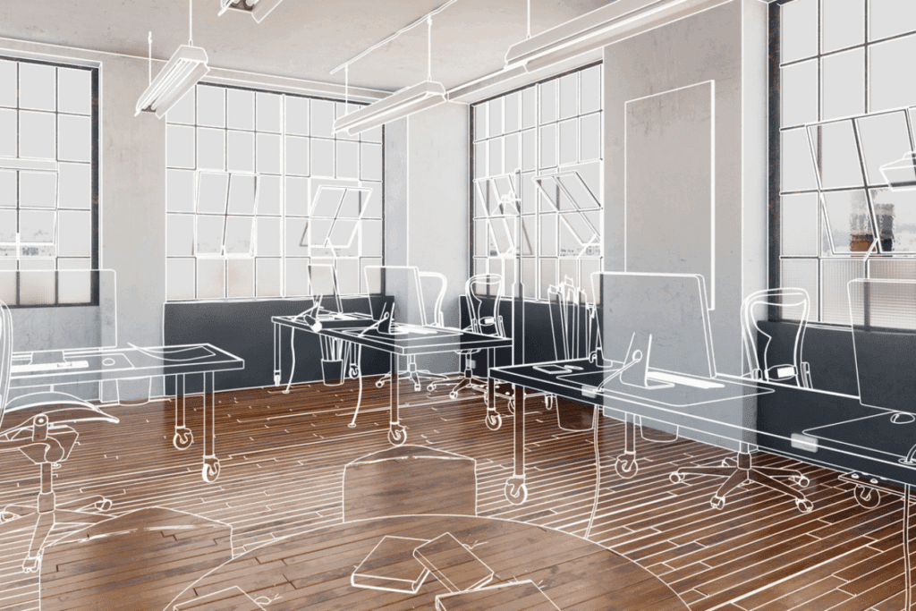 Open-plan office with collaborative social hub and focused workspaces