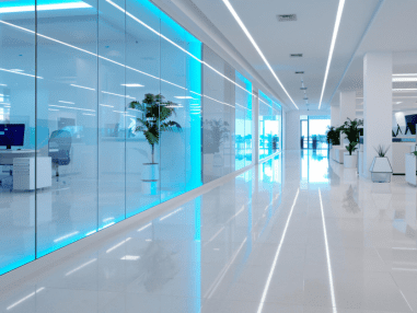 Office design and build services delivering a modern office interior with bright hallway, glass walls, collaborative and focus spaces, supporting productivity and wellbeing
