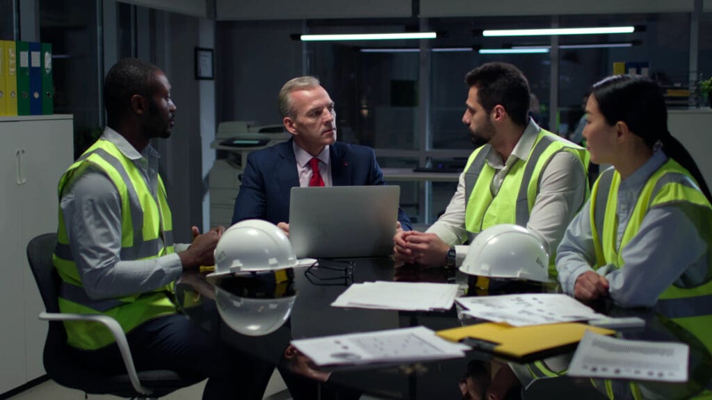 Four professionals, three wearing high-visibility vests, reviewing project plans around a meeting table with a laptop and hard hats during a commercial fit out discussion.